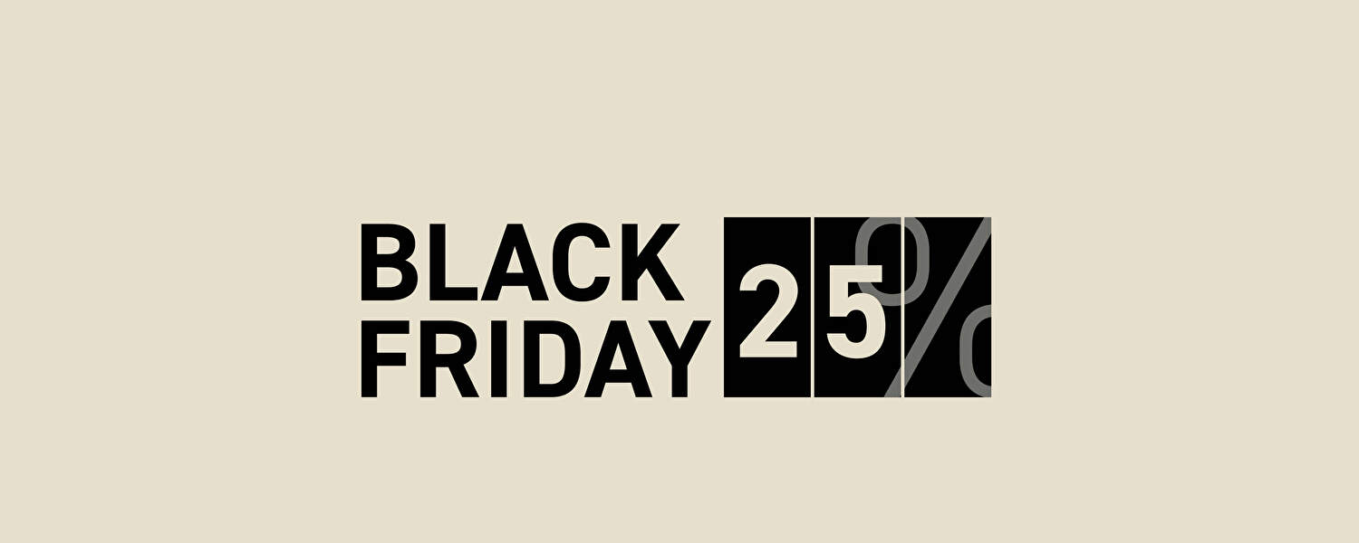 Promotional Black Friday-Bild mit dem Text „Black Friday 25%“, wobei der Rabattprozentsatz in schwarzen Blöcken angezeigt wird.